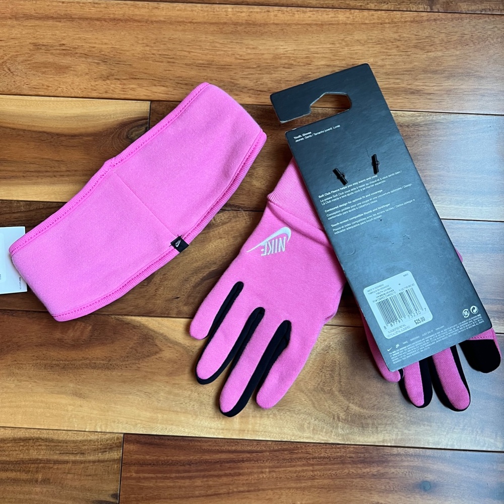 Nike Girls Youth Club Fleece Headband & Club Fleece Gloves NWT Pink Black - Picture 7 of 7